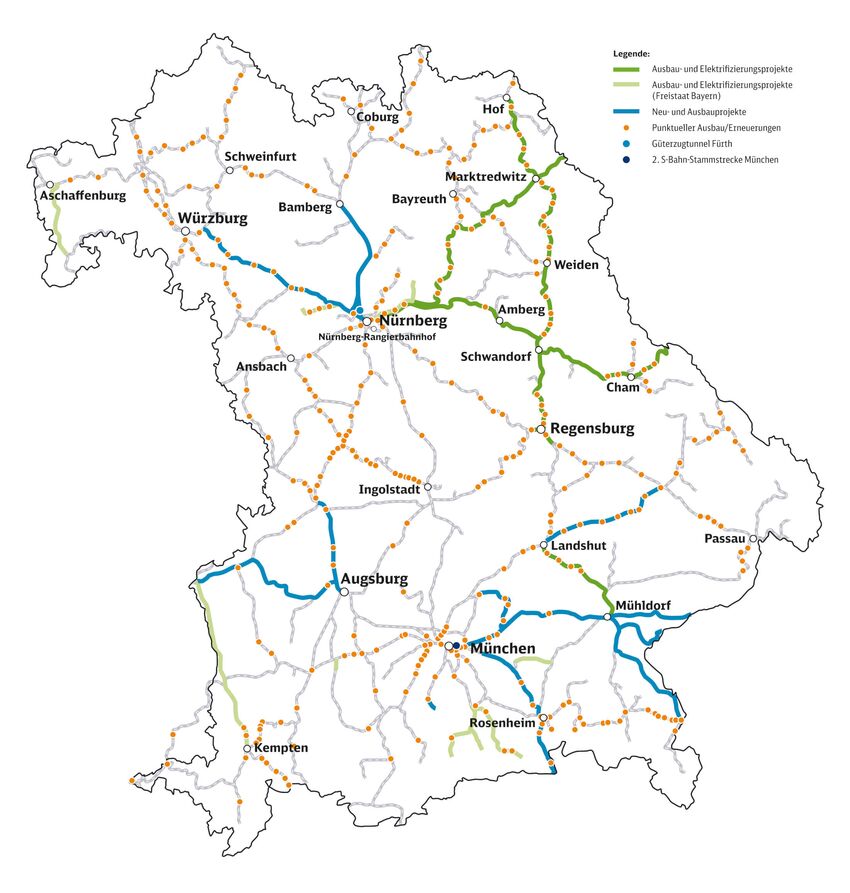 Kartendarstellung der Bahnausbauprojekte in Bayern